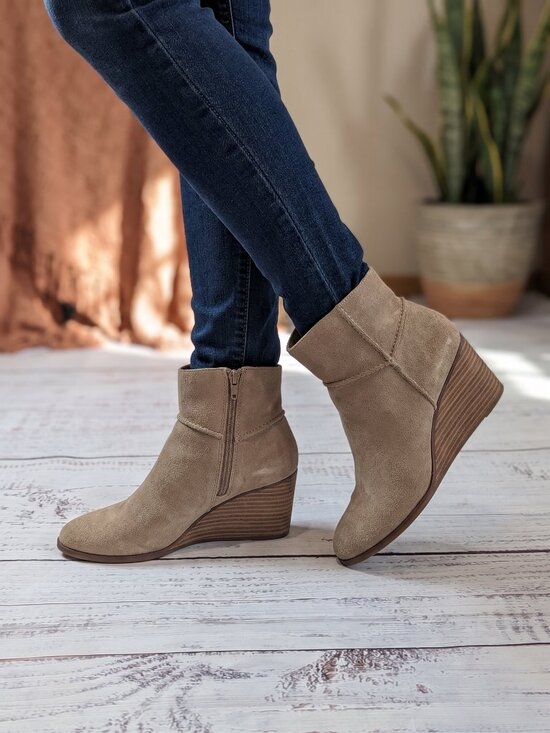 Lucky Brand Shoes - Lucky Brand Taupe Suede Wedge Ankle Booties Side Zip Stacked Heel 7.5M